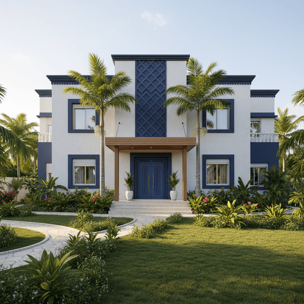 Belle maison moderne avec jardin tropical en Côte d'Ivoire, architecture contemporaine blanche et bleue